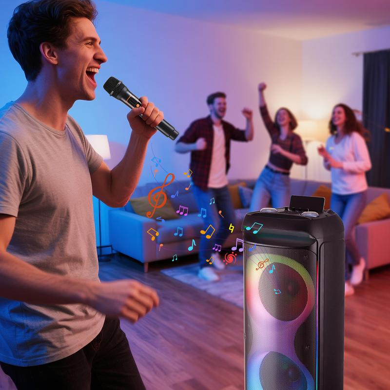 Altavoz PA Bluetooth Recargable — Doble Woofer de 12" + Tweeter de 1.5" — Caja de Sonido Portátil e Inalámbrica — Incluye 2 Micrófonos, Control Remoto y Luces LED para Fiestas
