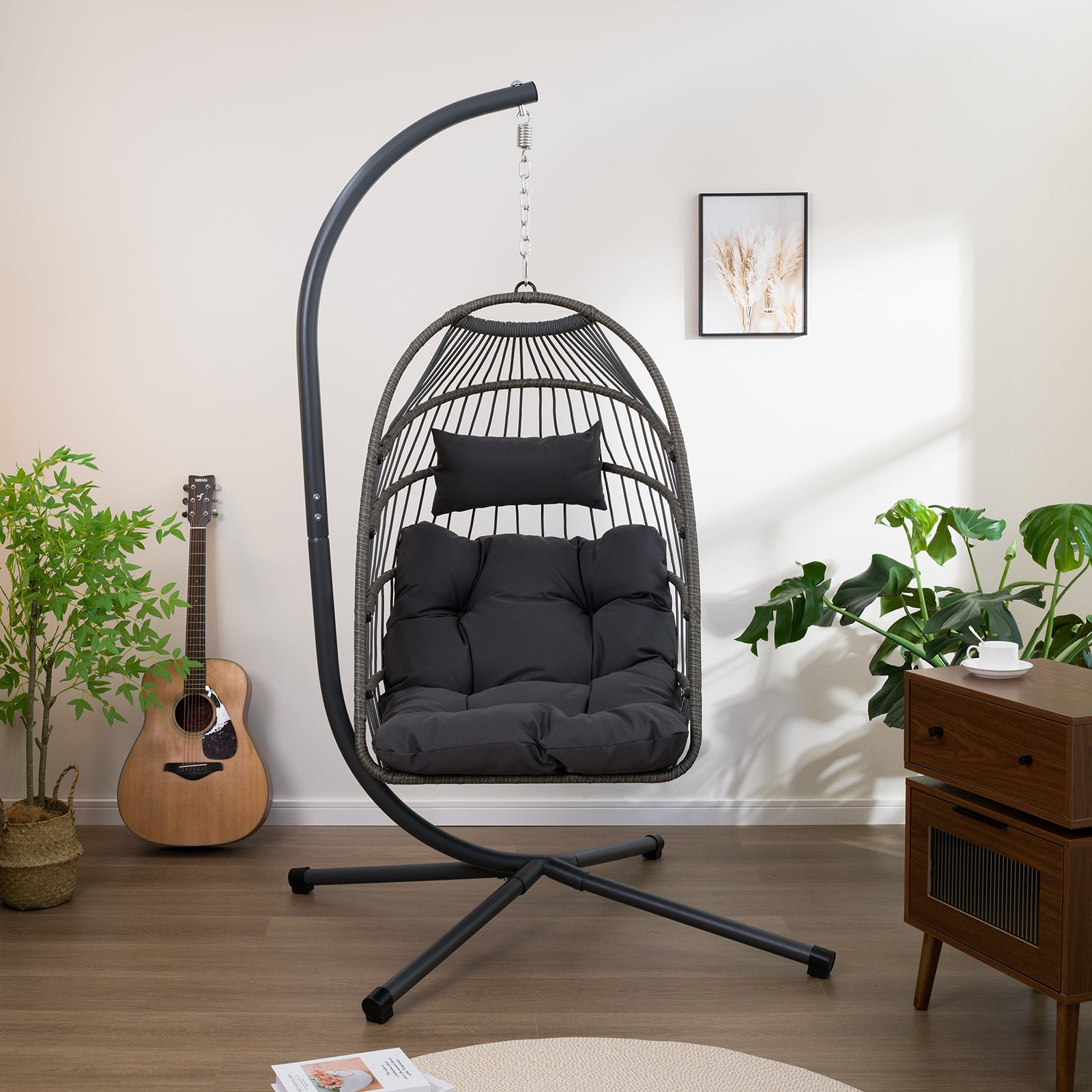 Sillón colgante tipo huevo para exteriores con soporte, silla colgante de mimbre para patio, silla mecedora para interiores, hamaca tipo huevo para exteriores.