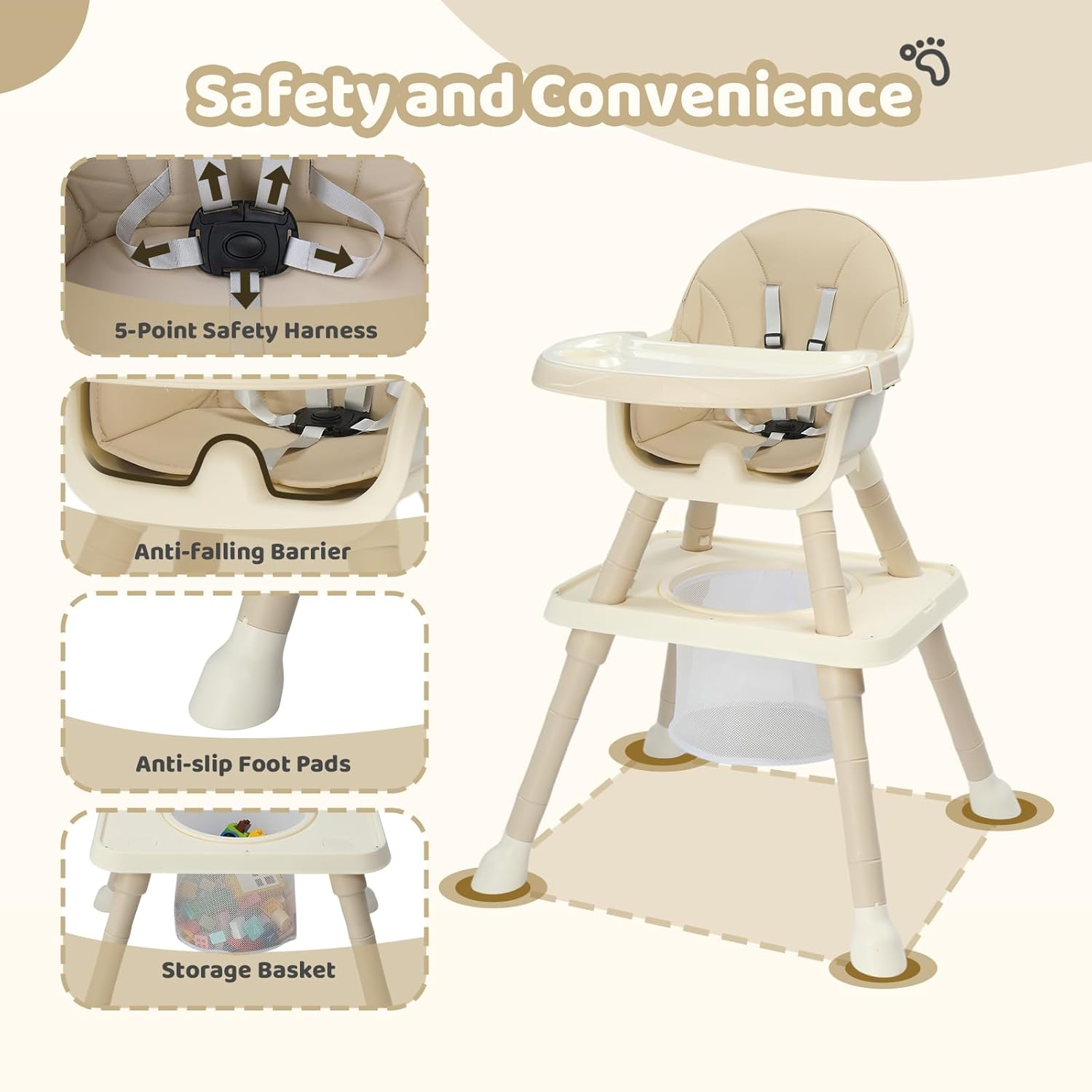 Silla alta para bebés 7 en 1, silla alta convertible para bebés y niños pequeños, mesa y silla de aprendizaje con bandeja extraíble y arnés de 5 puntos.