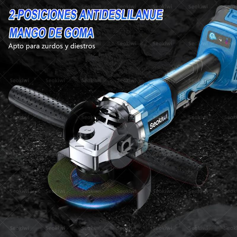 Kit ergonómico de herramientas inalámbricas que incluye un taladro de impacto sin escobillas, un taladro eléctrico, una amoladora angular sin escobillas y una motosierra combinada.