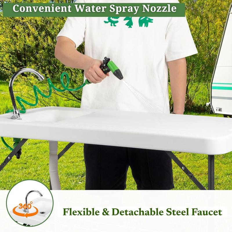 Mesa plegable para limpieza de pesca y caza con fregadero | Portátil y duradera, conexión estándar de jardín, manguera de drenaje mejorada, acero inoxidable