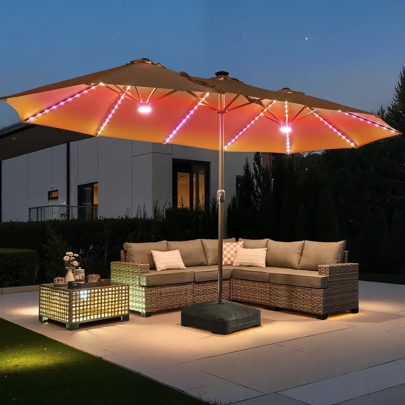 Sombrilla solar LED HOOOWOOO de 4,5 m con base y manivela - Sombrilla para exteriores para jardín, terraza, patio, piscina y playa - Tela resistente al agua, ajustable y con luz