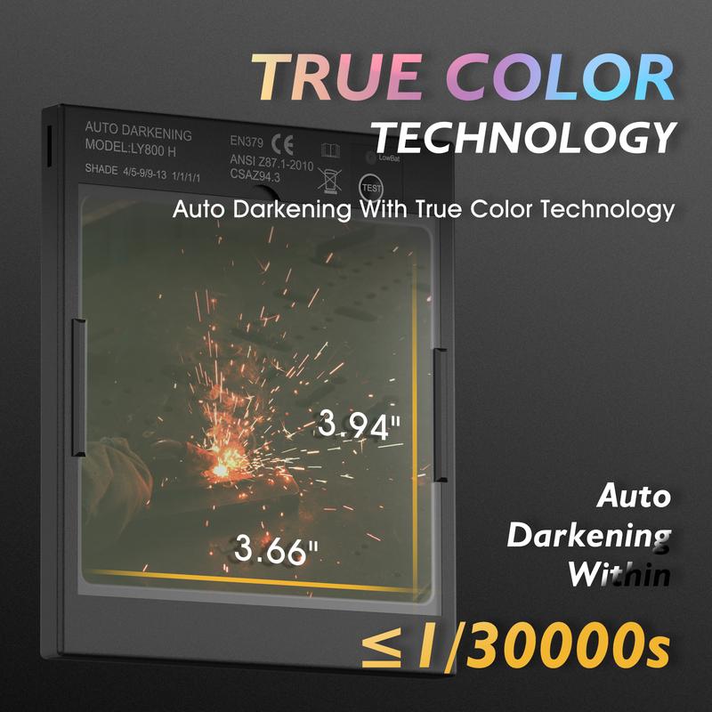 Casco de soldadura de oscurecimiento automático, con protección contra rayos azules y claridad True Color 1/1/1/1; amplia área de visión de 3.94" × 3.66" y rango de sombra ajustable 4/5-9/9-13; máscara apta para procesos TIG, MIG, Stick y corte.