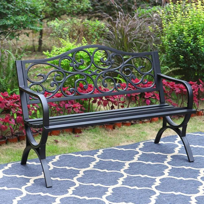 Banco de parque para exteriores, independiente con estructura metálica y respaldo con diseño floral, para patio y jardín.