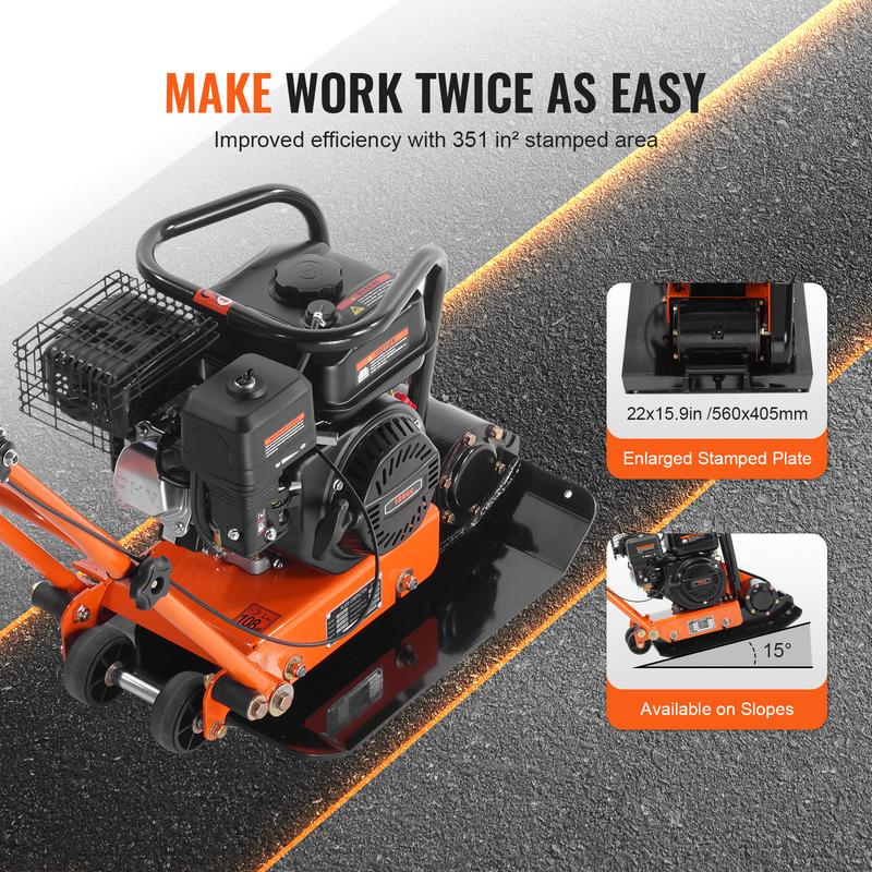 Compactador de placa, motor de gasolina de 6.5 HP y 196 CC, compactador vibratorio de 4200 lb, compactador de placa de 22.1 x 15.9 pulgadas, compactador de pavimento de 5600 VPM para pasarelas, asfalto, paisajismo con adoquines