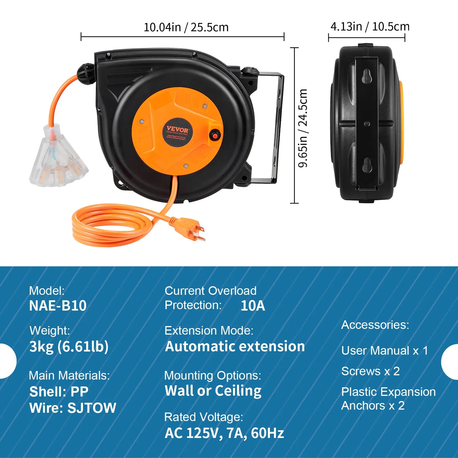 Carrete retráctil para cable de extensión (versión mejorada): Cable de alimentación de uso rudo 12-16 AWG/3C SJTOW con toma triple iluminada, disyuntor de 15 amperios y soporte giratorio de 180° para montaje en techo o pared. Probado bajo estándares UL: s