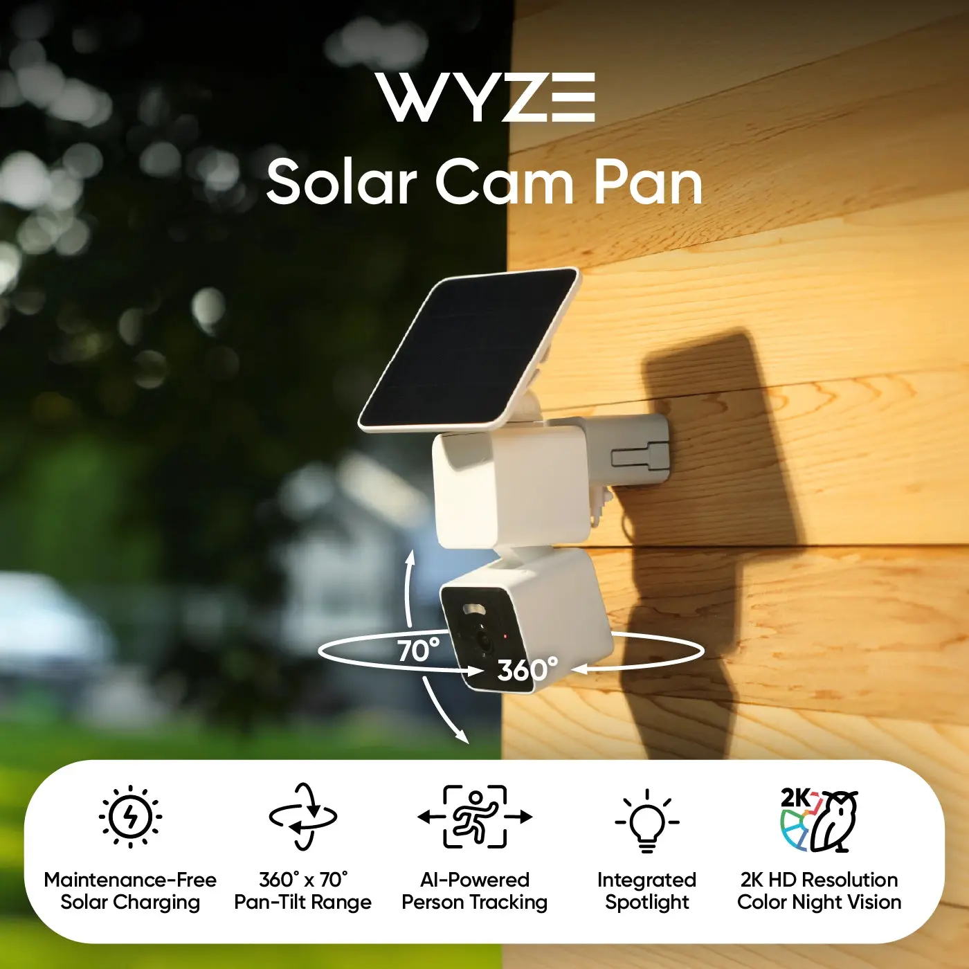 Cámara de seguridad 2K HD con alimentación solar y batería, con movimiento panorámico, inclinación y zoom (PTZ) de 360º x 70º, seguimiento de movimiento por IA, visión nocturna a color, WiFi y resistencia a la intemperie IP65.