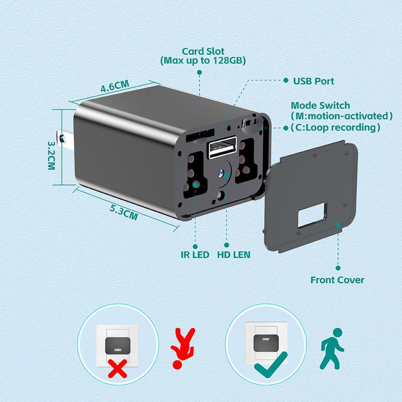 Mini cámara de seguridad 1080P (tipo cargador) para mascotas — Incluye tarjeta de 64 GB, visión nocturna y detección de movimiento — Cámara de vigilancia doméstica de conexión directa (SIN Wi-Fi)