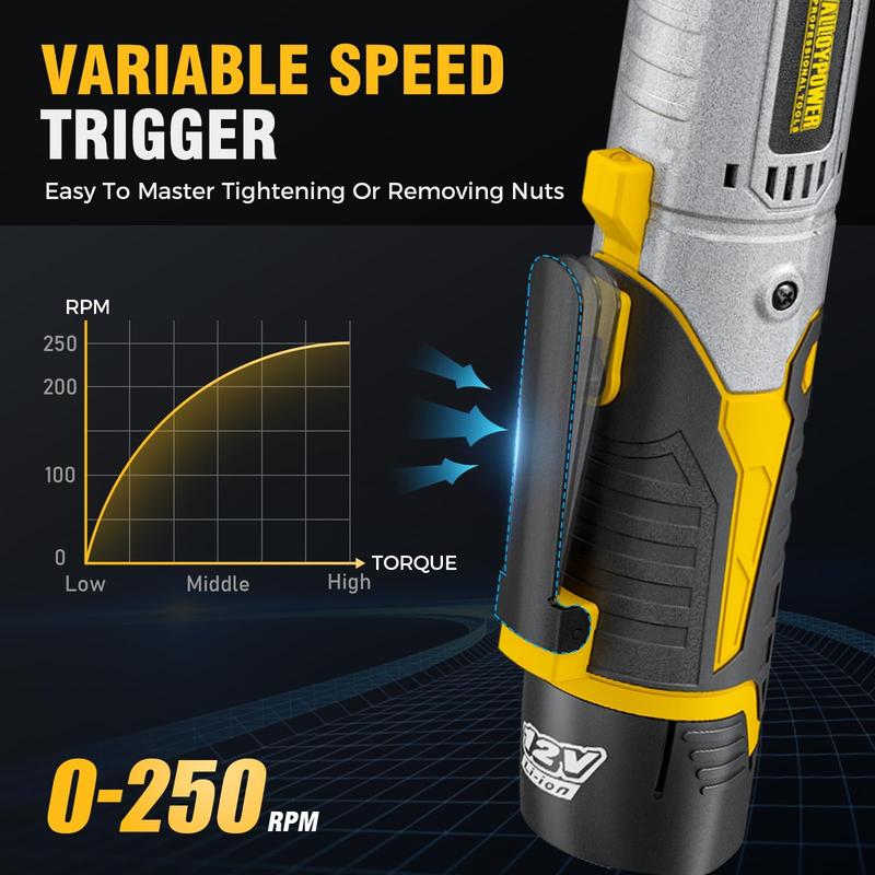Juego de llaves de trinquete inalámbricas de 3/8", trinquete eléctrico de 60 ft-lbs (80 Nm), llave de trinquete de potencia extendida de 12 V con velocidad variable, 6 vasos, luz LED, adaptador de 1/4", adaptador de 1/2", 2 baterías