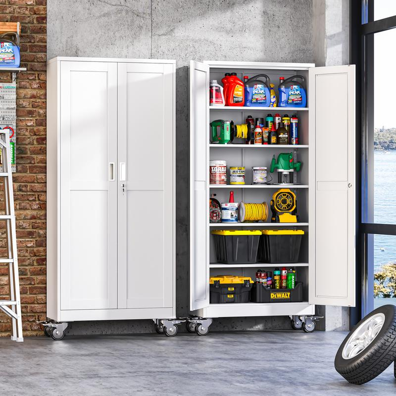 Armario metálico de almacenamiento para garaje de 75 pulgadas de altura, con ruedas y puertas con cerradura; 5 estantes ajustables; gabinete para herramientas de acero resistente para garaje, hogar, oficina y taller.