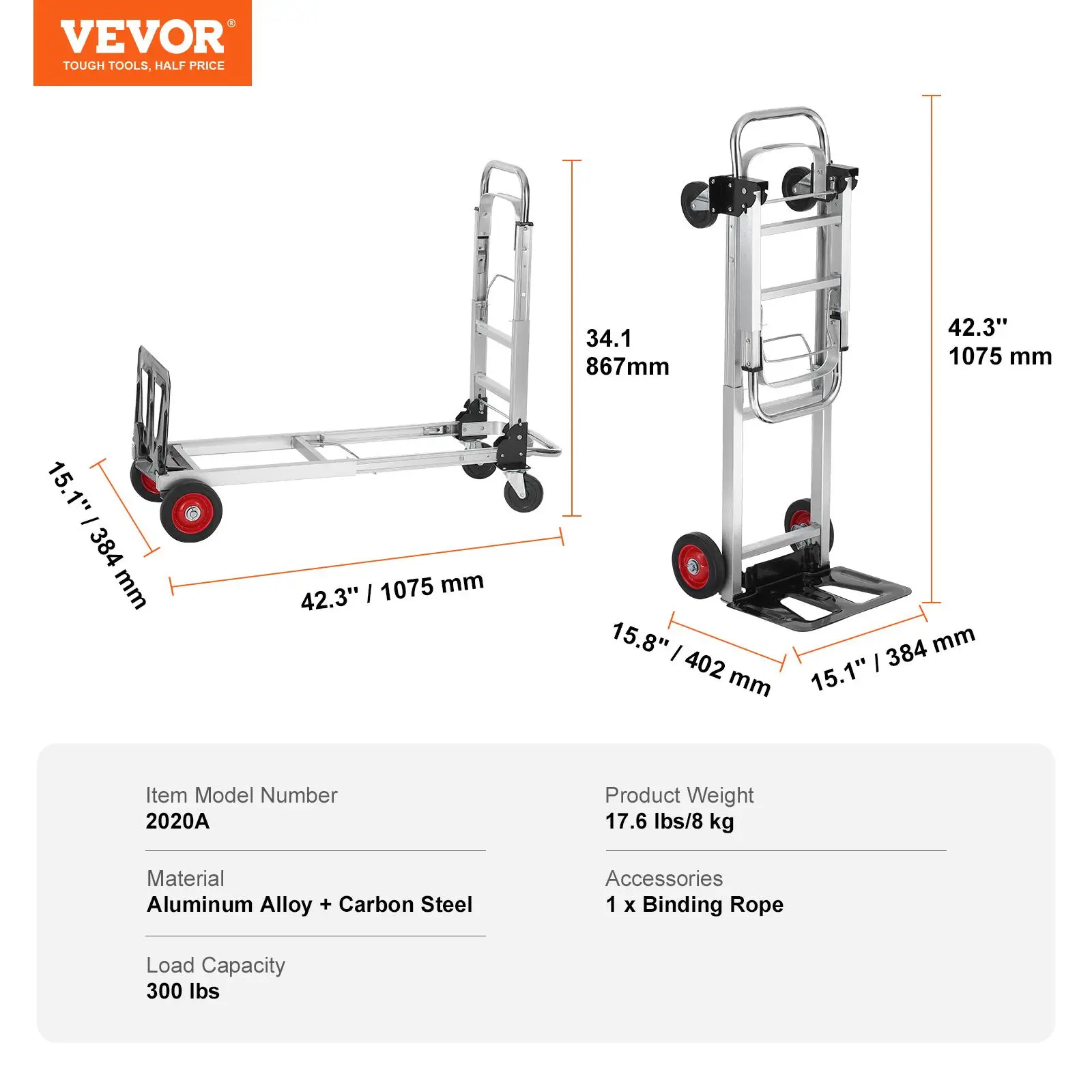 Carretilla plegable de aluminio, diseño 2 en 1, capacidad máxima de 800 lb, carrito industrial plegable de alta resistencia, carrito con ruedas de goma para transporte y mudanzas en almacenes, supermercados y jardines.
