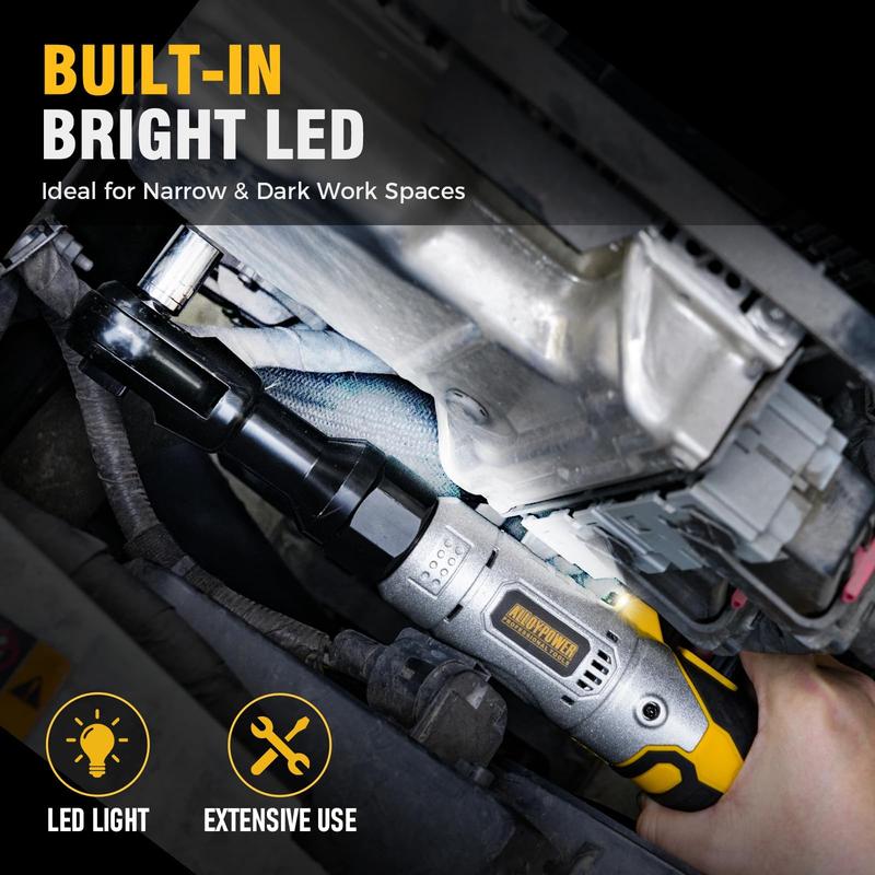 Juego de llaves de trinquete inalámbricas de 3/8", trinquete eléctrico de 60 ft-lbs (80 Nm), llave de trinquete de potencia extendida de 12 V con velocidad variable, 6 vasos, luz LED, adaptador de 1/4", adaptador de 1/2", 2 baterías