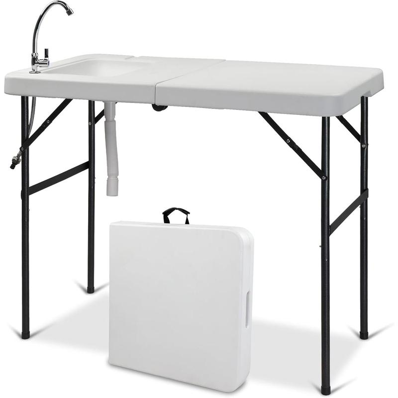 Mesa plegable para limpieza de pesca y caza con fregadero | Portátil y duradera, conexión estándar de jardín, manguera de drenaje mejorada, acero inoxidable