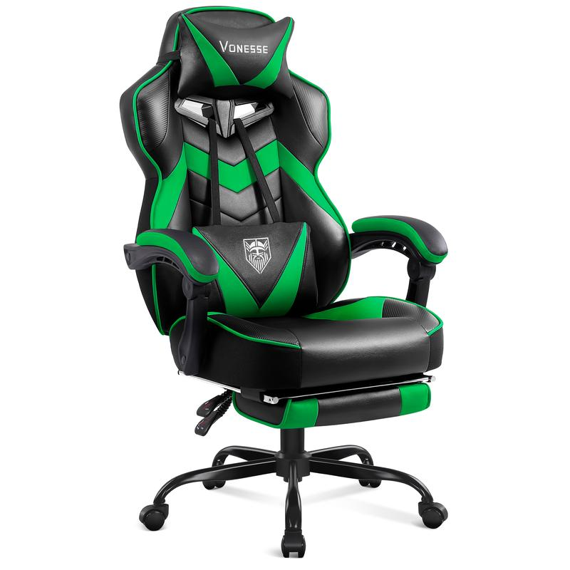 Silla gaming con reposapiés y función reclinable — Silla de ordenador para adultos con masaje — Cojín lumbar ajustable — Silla de oficina y gaming ergonómica, de gran tamaño y altura, para usuarios de complexión robusta — Modelo V3028A