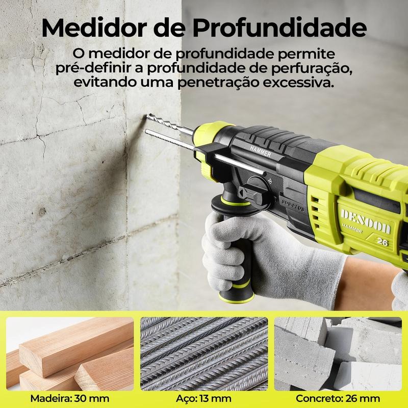 Taladro percutor eléctrico profesional DESOON, 1200W, 3J SDS-Plus, 5500 BPM, 3 modos de funcionamiento, luz LED, viene con estuche de transporte y accesorios.
