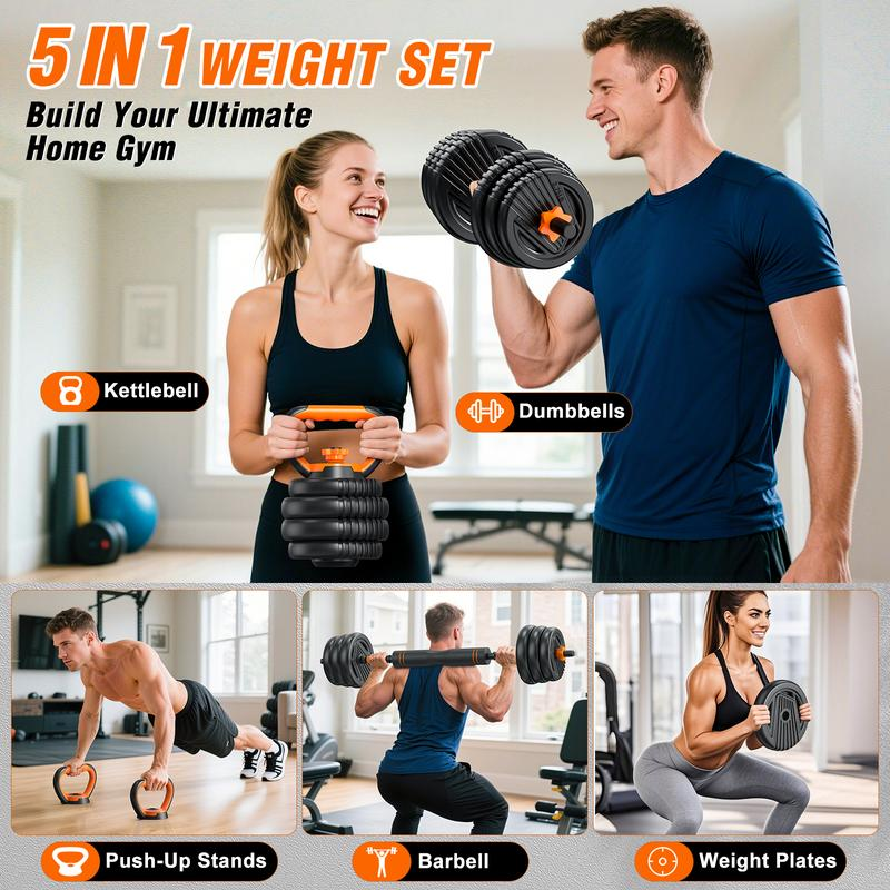 Juego de mancuernas ajustables 5 en 1 — Set de pesas de 55, 66 y 88 libras para entrenamiento en casa — Utilizable como barra, pesas rusas y soportes para flexiones — Ideal para gimnasio en casa.