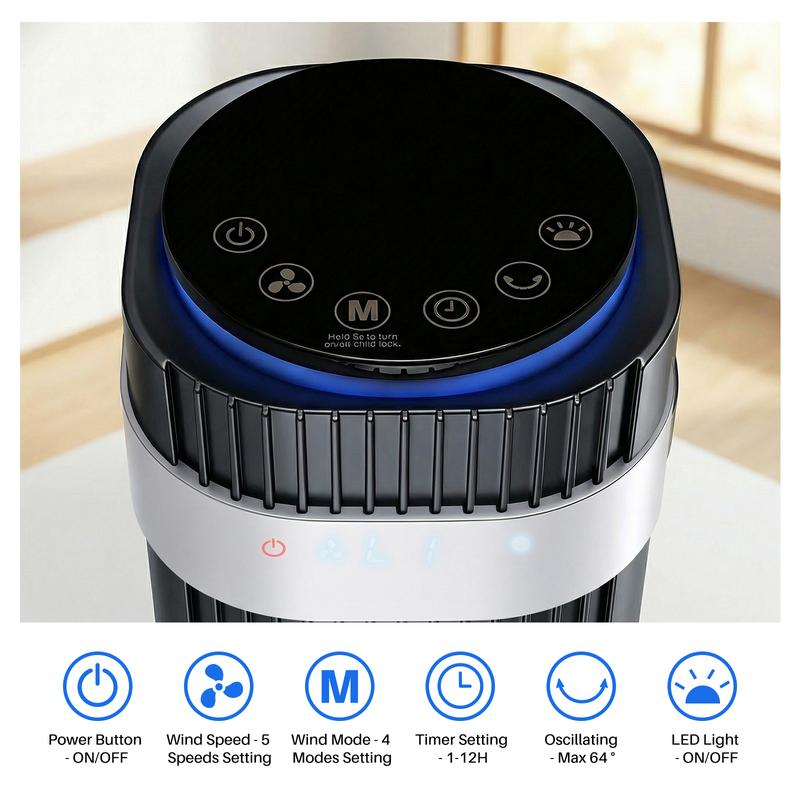 Ventilador de torre para dormitorio: ventilador de pie silencioso (28 dB) con temporizador de 12 horas, modo automático inteligente y oscilación de 64°; ventilador de refrigeración sin aspas para el hogar y la oficina.