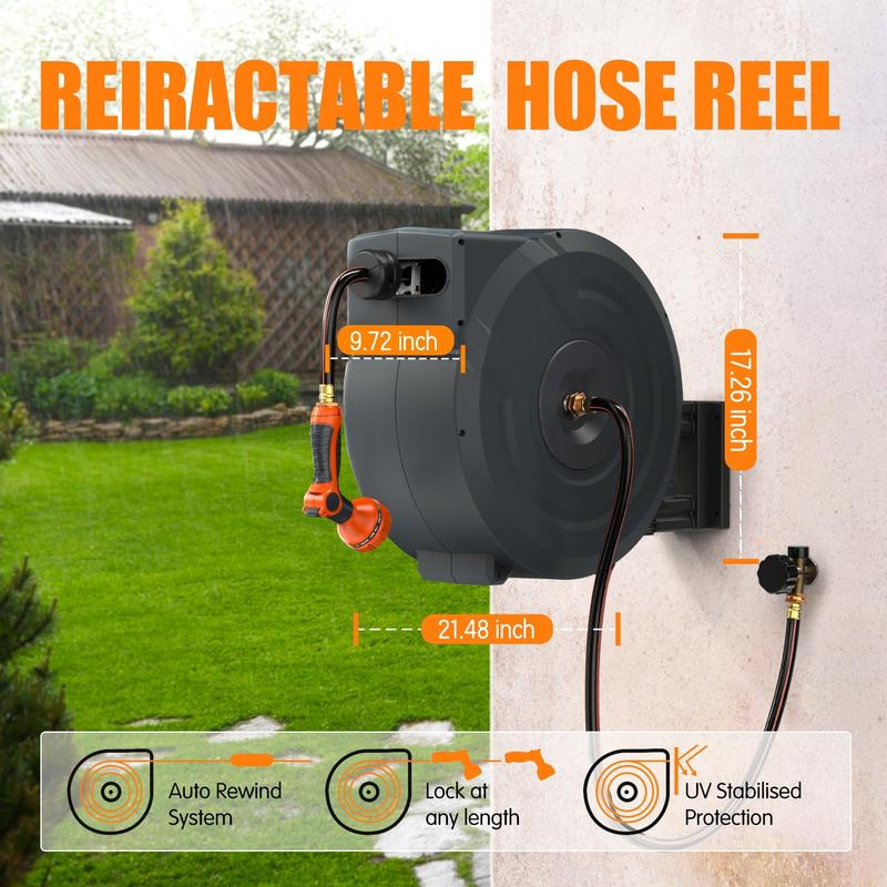 Carrete retráctil para manguera de jardín (90 pies / 100 pies / 130 pies) — Montaje en pared | Carrete de uso rudo con conexiones de latón de 3/4" y boquilla de 9 patrones | Sistema de rebobinado automático, bloqueo en cualquier longitud, soporte giratori