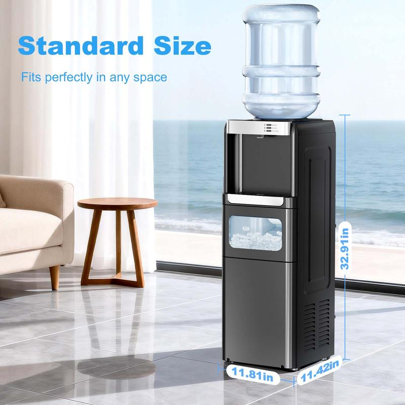 Dispensador de agua 3 en 1 (fría y caliente) con sistema de enfriamiento y máquina de hielo integrada, apto para botellones de 3 a 5 galones, con seguro de protección infantil.