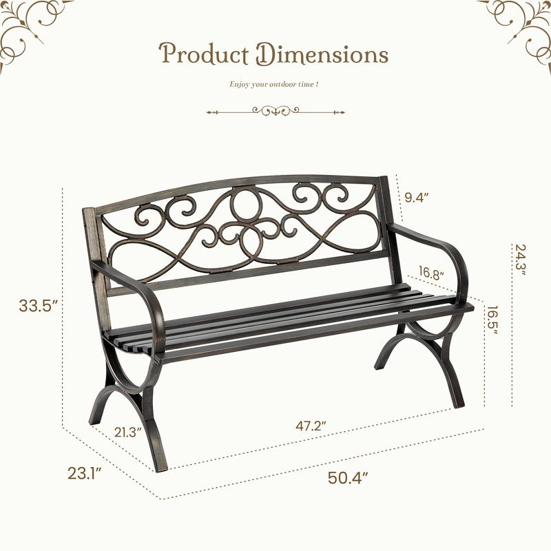 Banco de parque para exteriores, independiente con estructura metálica y respaldo con diseño floral, para patio y jardín.