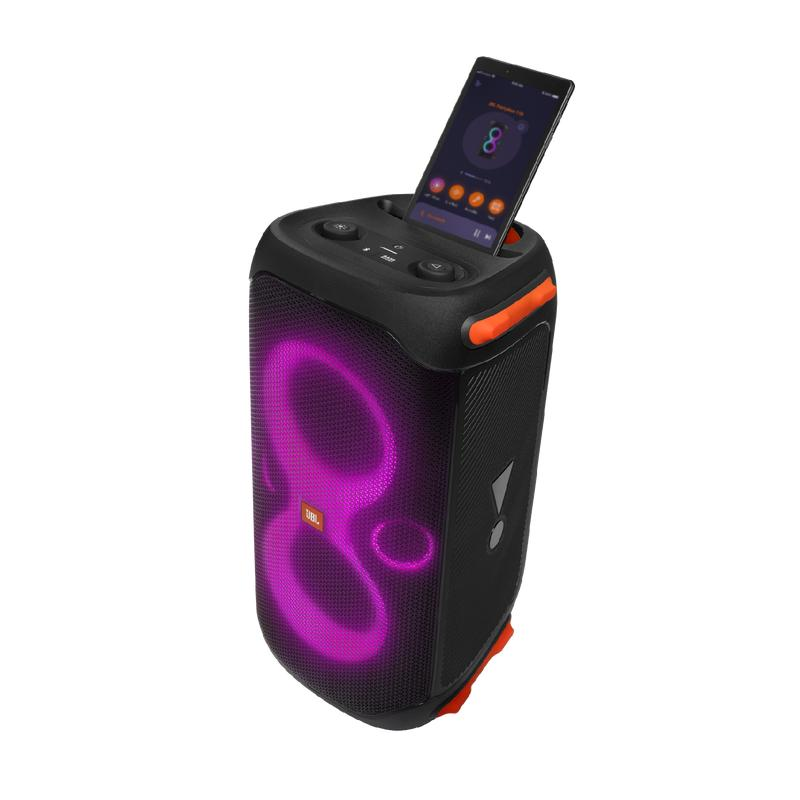 Partybox 110, altavoz portátil para fiestas con un potente sonido de 160 W, luces integradas y diseño a prueba de salpicaduras.