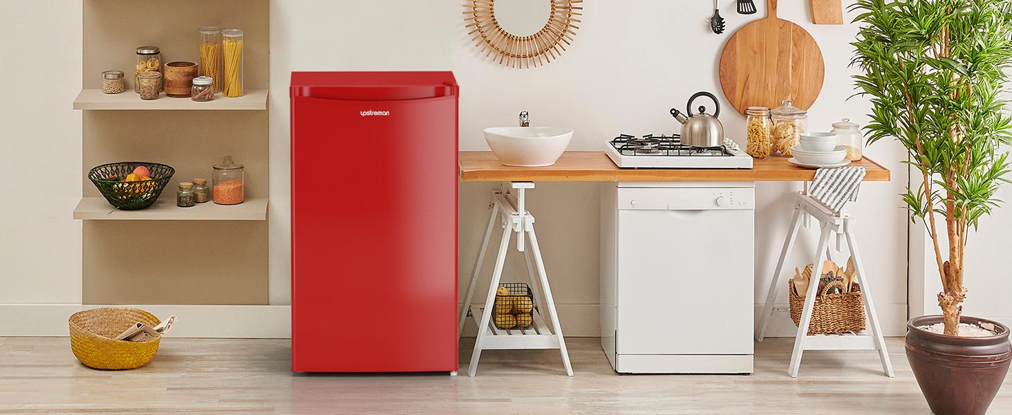 Upstreman 3.2 Cu.Ft Mini Fridge with Freezer - Compact Single-Door Travel Fridge, Ice-Cold High-Efficiency Model BR321, Adjustable Thermostat, Quiet, Energy-Saving Room/Apartment Stuff for Dorms