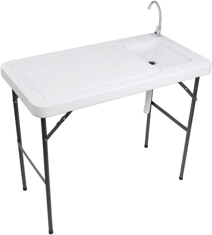Mesa plegable para limpieza de pesca y caza con fregadero | Portátil y duradera, conexión estándar de jardín, manguera de drenaje mejorada, acero inoxidable