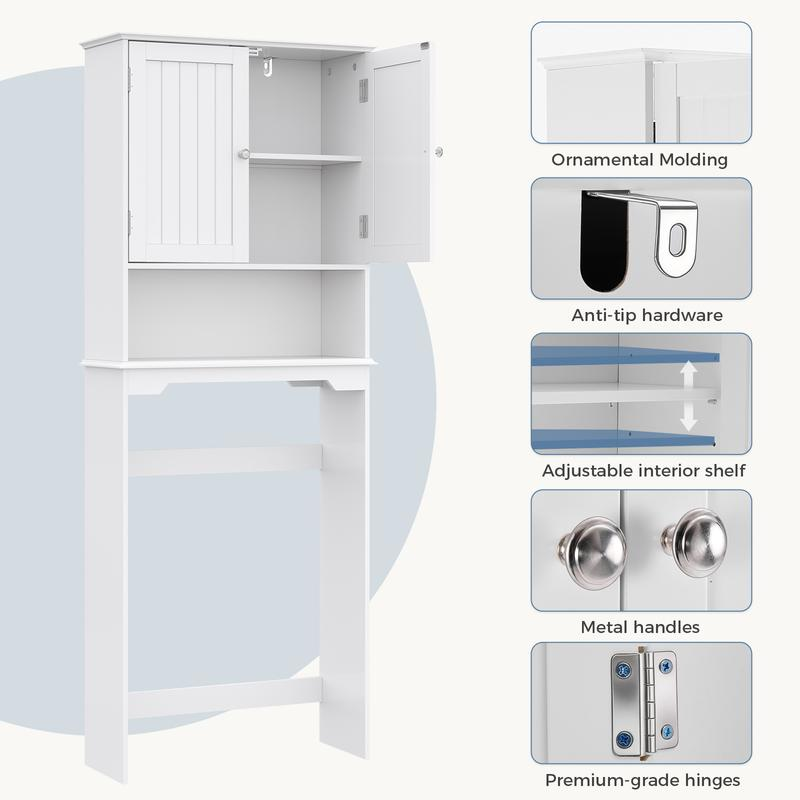 Armario de almacenamiento sobre el inodoro, mueble de baño con doble puerta y estante ajustable, estantería independiente para el baño — Negro