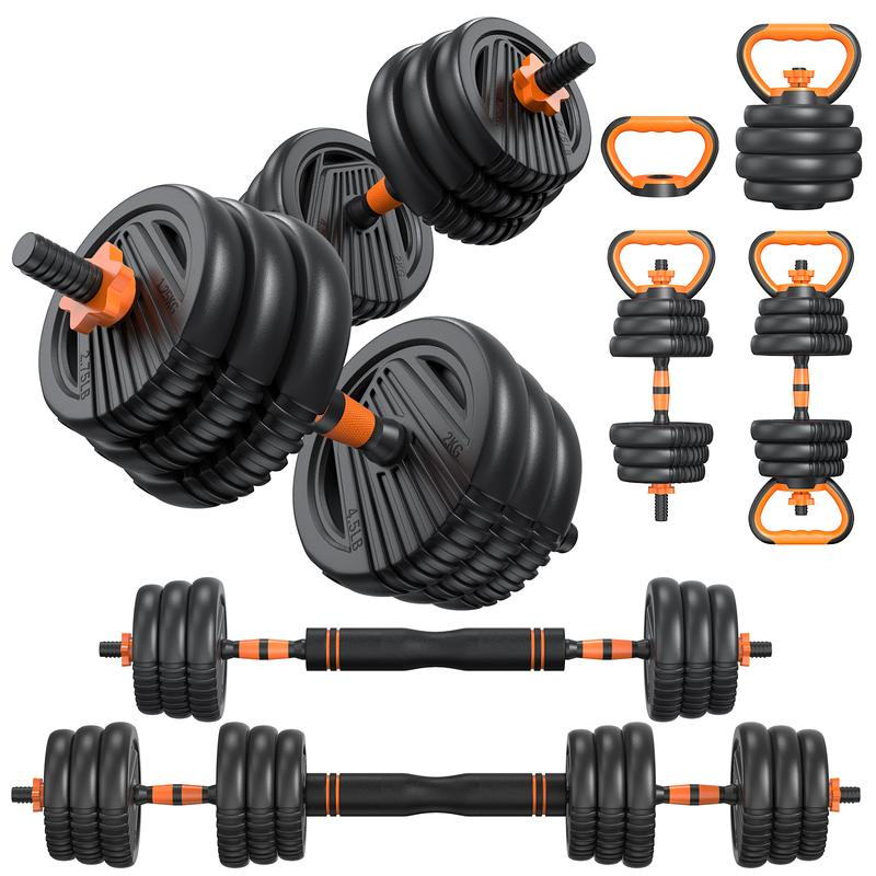 Juego de mancuernas ajustables 5 en 1 — Set de pesas de 55, 66 y 88 libras para entrenamiento en casa — Utilizable como barra, pesas rusas y soportes para flexiones — Ideal para gimnasio en casa.