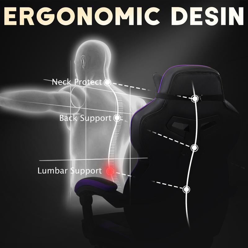 Silla gaming con reposapiés y función reclinable — Silla de ordenador para adultos con masaje — Cojín lumbar ajustable — Silla de oficina y gaming ergonómica, de gran tamaño y altura, para usuarios de complexión robusta — Modelo V3028A