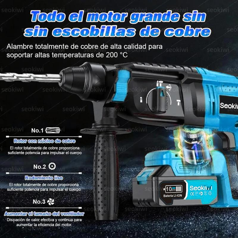 Kit ergonómico de herramientas inalámbricas que incluye un taladro de impacto sin escobillas, un taladro eléctrico, una amoladora angular sin escobillas y una motosierra combinada.