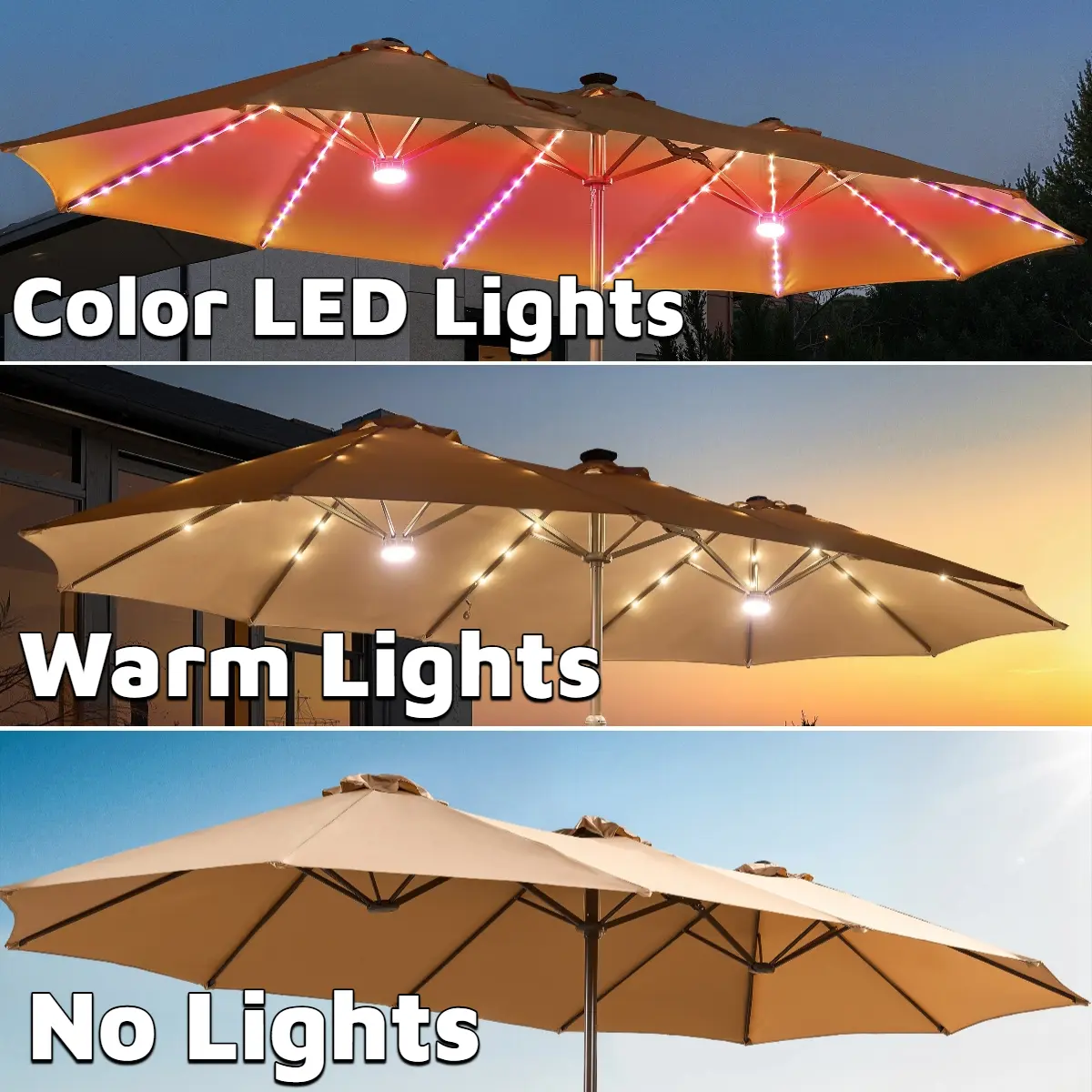 Sombrilla solar LED HOOOWOOO de 4,5 m con base y manivela - Sombrilla para exteriores para jardín, terraza, patio, piscina y playa - Tela resistente al agua, ajustable y con luz