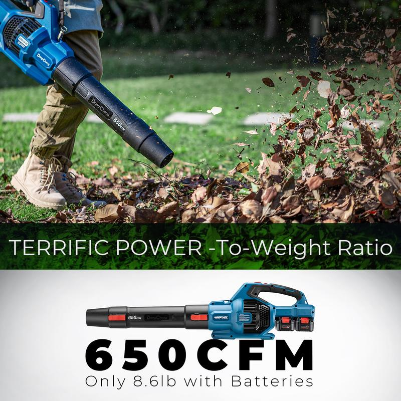 【Garantía de 5 años】Soplador de hojas inalámbrico de 650 CFM, soplador a batería de 40 V con 2 baterías de 4.0 Ah y cargador; motor sin escobillas de alta eficiencia para aceras, entradas de vehículos, mantenimiento urbano, y soplado de hojas y nieve (Uso