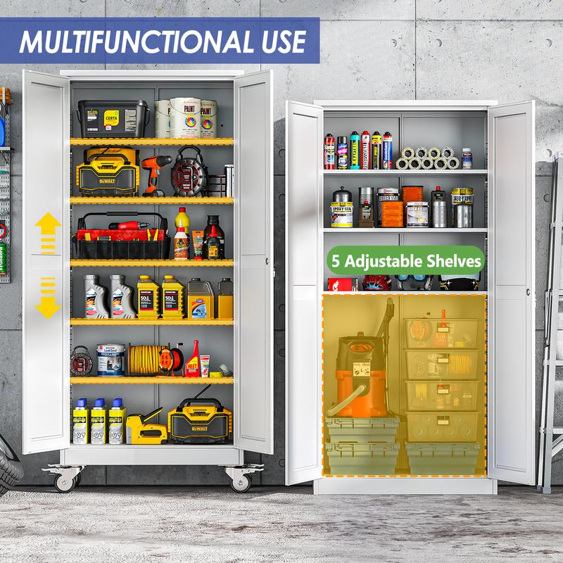 Armario metálico de almacenamiento para garaje de 75 pulgadas de altura, con ruedas y puertas con cerradura; 5 estantes ajustables; gabinete para herramientas de acero resistente para garaje, hogar, oficina y taller.