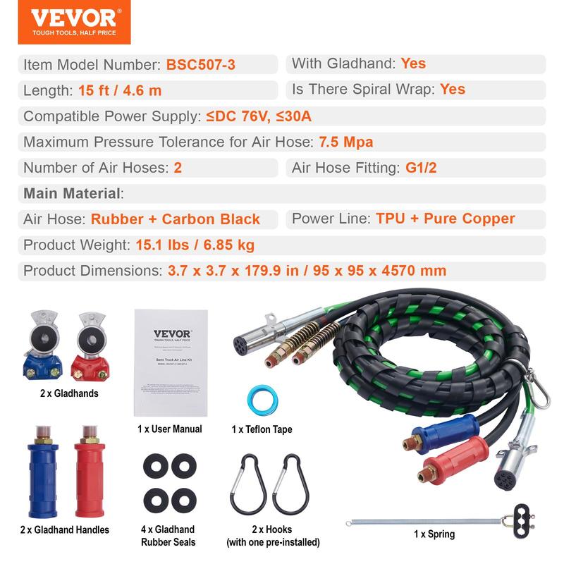 Kit de líneas de aire para semirremolque de 15 pies con 2 manijas Gladhand, mangueras de aire 3 en 1 y línea de alimentación eléctrica ABS de 7 vías, con 2 manijas Gladhand, 4 sellos y kit de resortes para remolque de camión semirremolque.