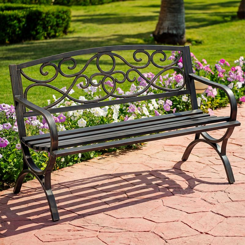 Banco de parque para exteriores, independiente con estructura metálica y respaldo con diseño floral, para patio y jardín.