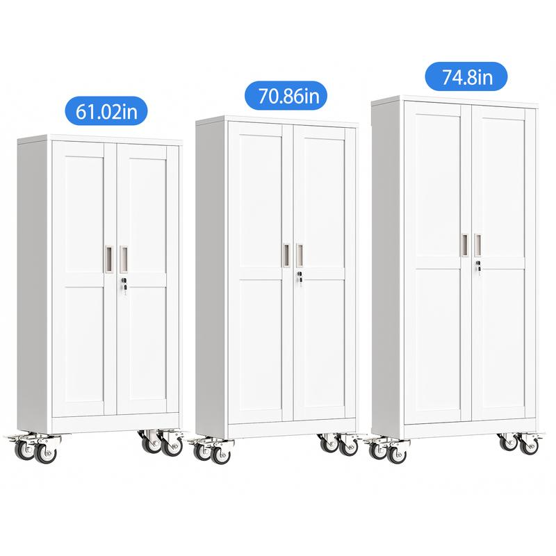 Armario metálico de almacenamiento para garaje de 75 pulgadas de altura, con ruedas y puertas con cerradura; 5 estantes ajustables; gabinete para herramientas de acero resistente para garaje, hogar, oficina y taller.