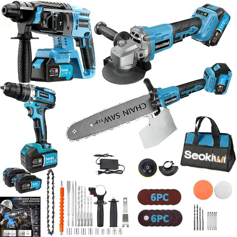 Kit ergonómico de herramientas inalámbricas que incluye un taladro de impacto sin escobillas, un taladro eléctrico, una amoladora angular sin escobillas y una motosierra combinada.