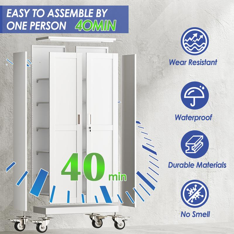 Armario metálico de almacenamiento para garaje de 75 pulgadas de altura, con ruedas y puertas con cerradura; 5 estantes ajustables; gabinete para herramientas de acero resistente para garaje, hogar, oficina y taller.