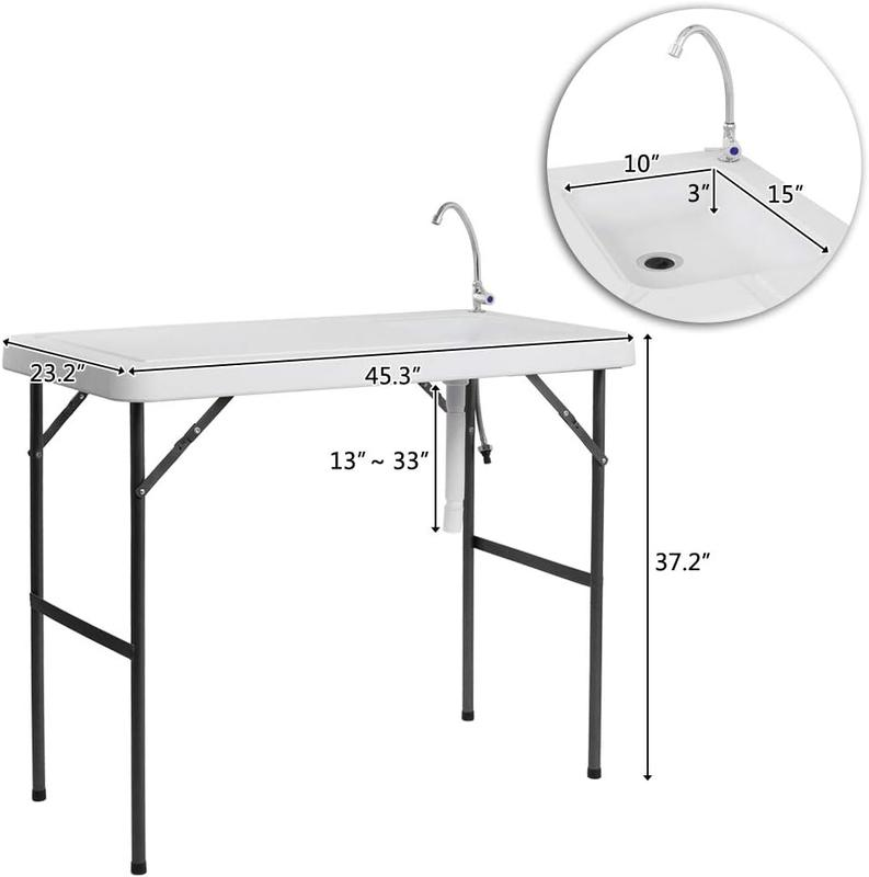 Mesa plegable para limpieza de pesca y caza con fregadero | Portátil y duradera, conexión estándar de jardín, manguera de drenaje mejorada, acero inoxidable