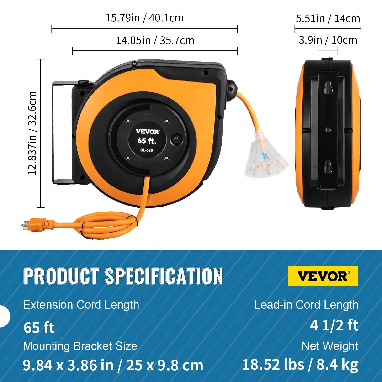 Carrete retráctil para cable de extensión (versión mejorada): Cable de alimentación de uso rudo 12-16 AWG/3C SJTOW con toma triple iluminada, disyuntor de 15 amperios y soporte giratorio de 180° para montaje en techo o pared. Probado bajo estándares UL: s