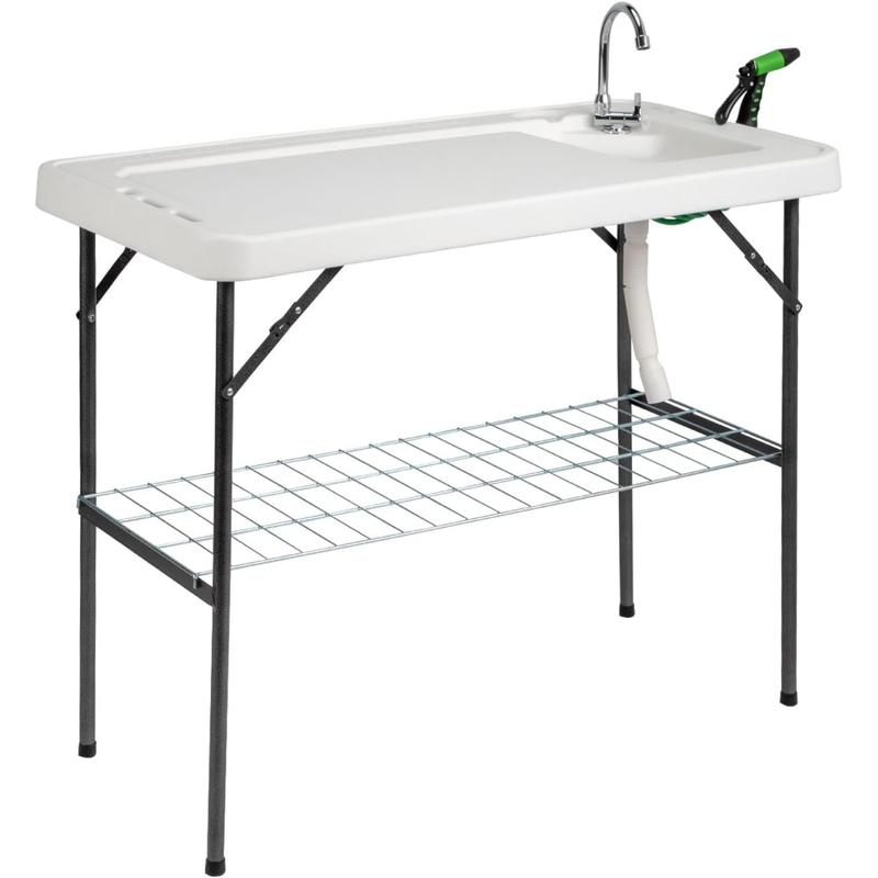 Mesa plegable para limpieza de pesca y caza con fregadero | Portátil y duradera, conexión estándar de jardín, manguera de drenaje mejorada, acero inoxidable