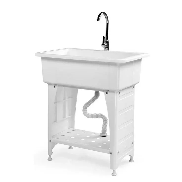 Lavadero multiusos de 24" (prof.) x 40" (ancho) x 36" (alto) con grifo y estante; lavabo utilitario de plástico y metal con patas, ideal para lavaderos y garajes; incluye escurridor y estante de almacenamiento móvil.