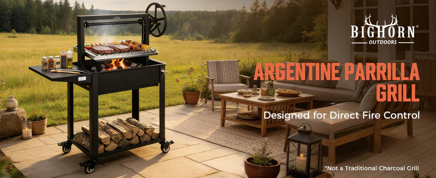 Memorial Day Sales BIG HORN OUTDOORS Argentine Santa Maria  Style BBQ Grill, Adjustable Height Open Fire Grill with Precision Control, Heavy Duty for Backyard & Outdoor Cooking outdoorfun
