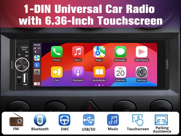 Junsun Single DIN Car Stereo with CarPlay and Android Auto, Radio 1 din with Reversing Camera FM Type-C Port Function