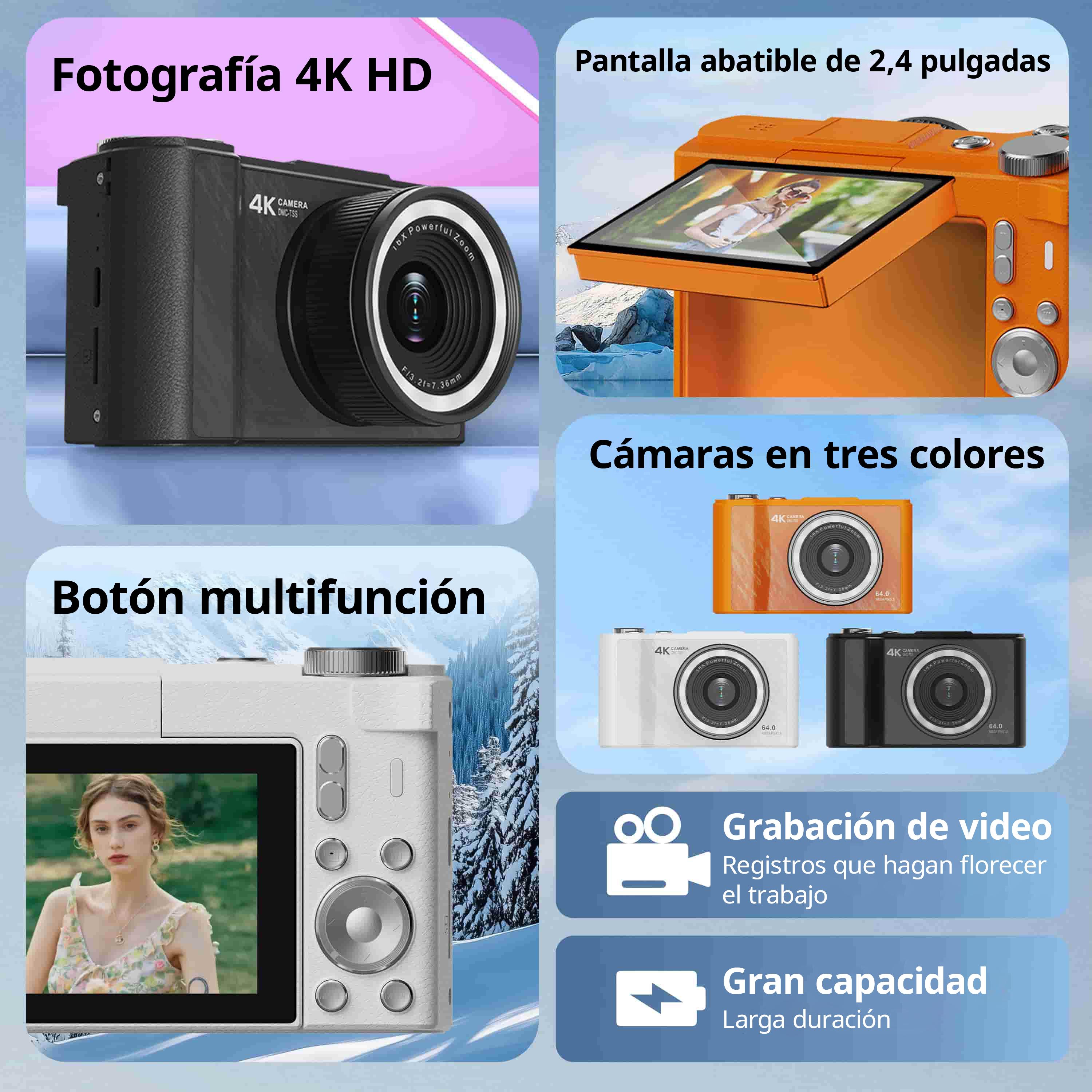 Cámara digital 4K para fotografía, cámara portátil con pantalla plegable estilo Y2K para videoblogs, con tarjeta SD de 32 GB, correa para la muñeca, temporizador automático, estabilización de imagen, zoom digital de 16x. Regalo ideal para niñas, niños y p