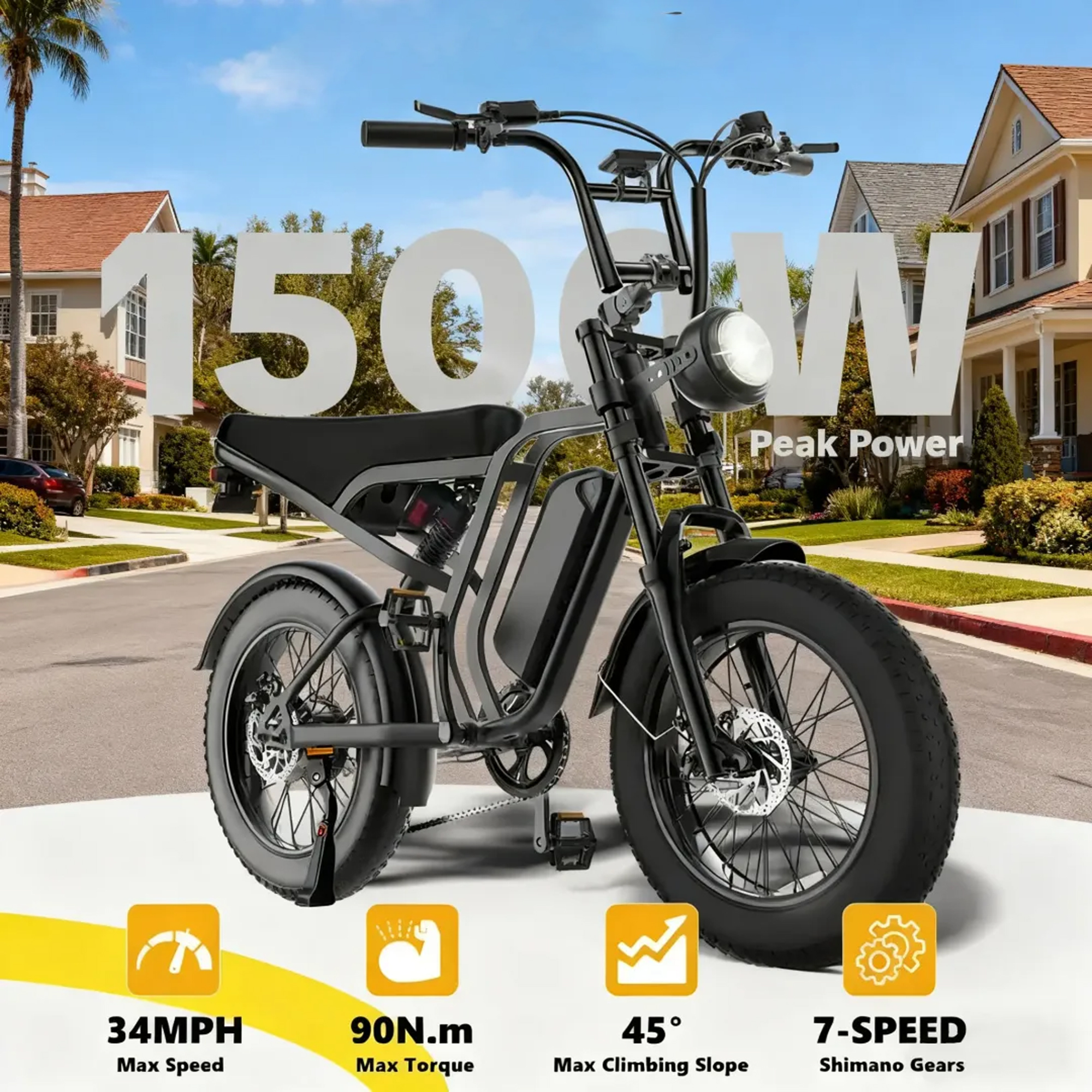 Bicicleta eléctrica todoterreno con motor de 1500 W de potencia máxima: velocidad máxima de 55 km/h, autonomía de 64-113 km, batería extraíble de 48 V, apta para circular tanto fuera de carretera como en ciudad, equipada con intermitentes y luces de freno