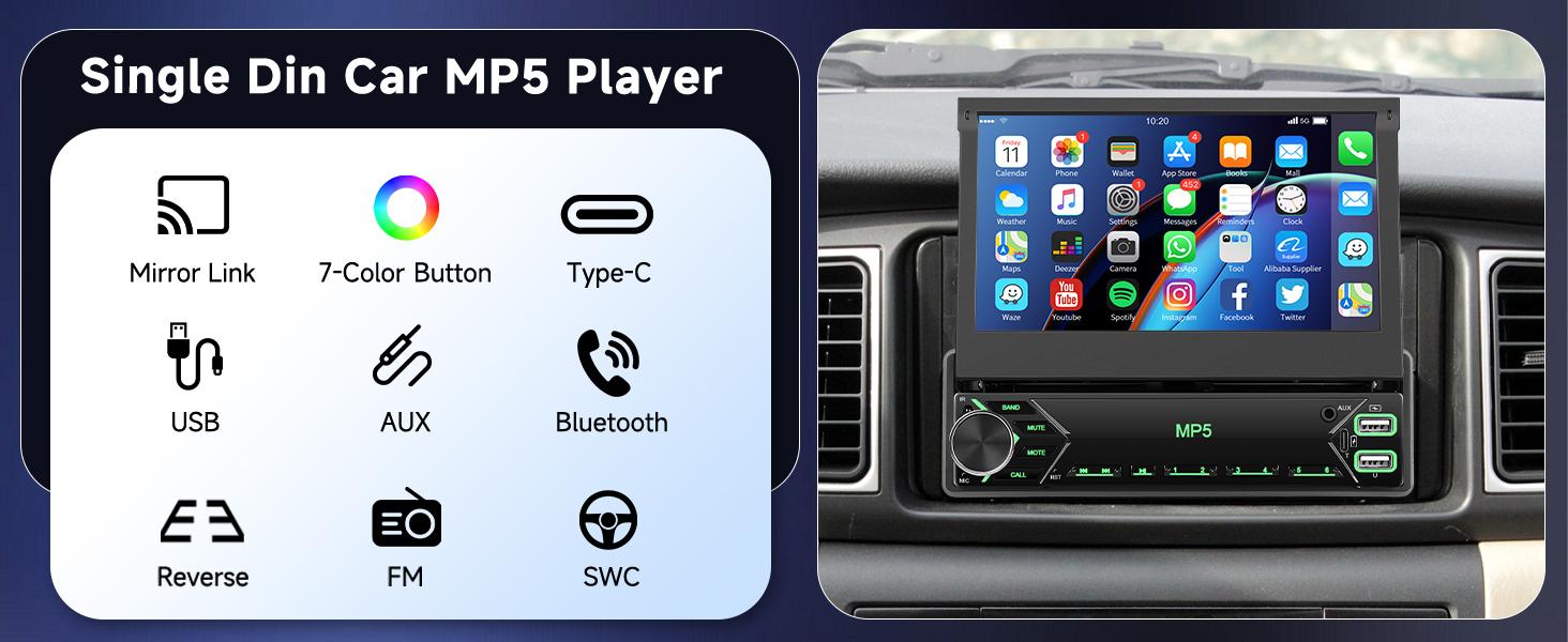 Car Stereo Single Din Touchscreen, 7 Inch Flip Out Car Radio 1 DIN with Bluetooth FM Radio Mirror Link for Android/iOS Phone Support TF/USB + Camera + MIC