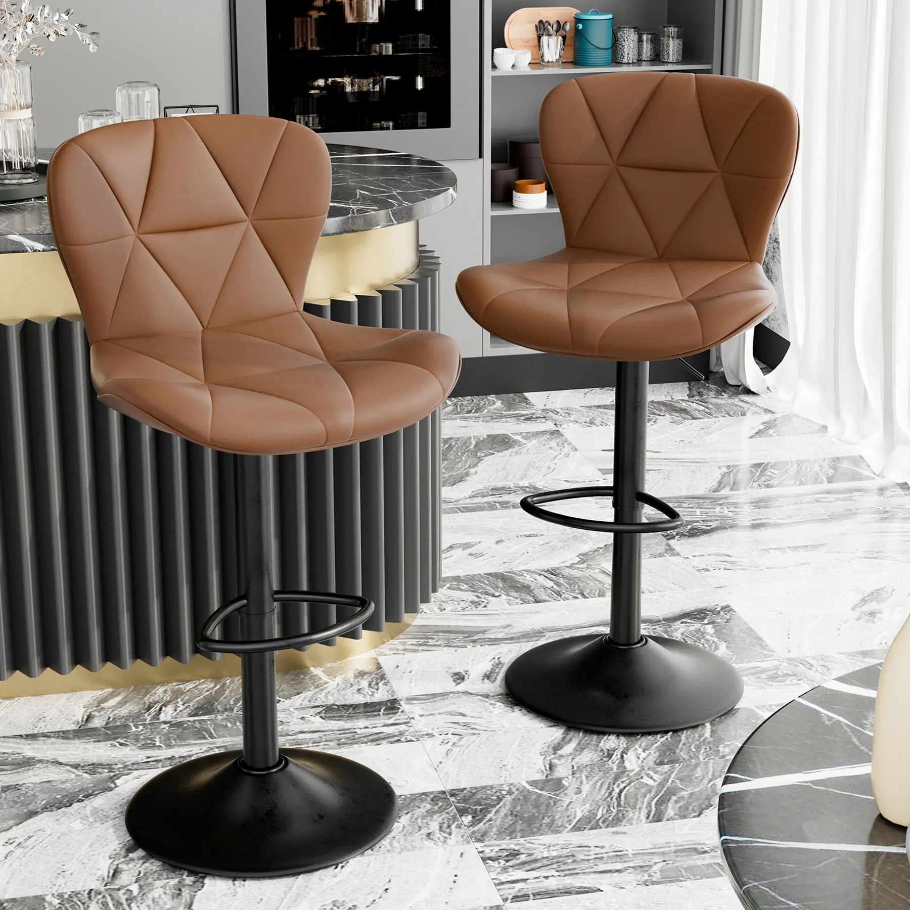 Taburetes de bar de estilo moderno, taburetes de bar giratorios ajustables tapizados en piel sintética, taburetes de bar para isla con respaldo (aptos para la altura de la encimera): 2 piezas