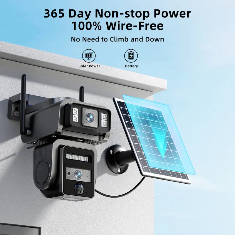 ☀️Cámara de seguridad WiFi con energía solar: equipada con foco, resolución HD de 1080p, detección de movimiento PIR y visión nocturna a todo color. Cuerpo resistente al agua, lentes duales para una vigilancia completa sin puntos ciegos.